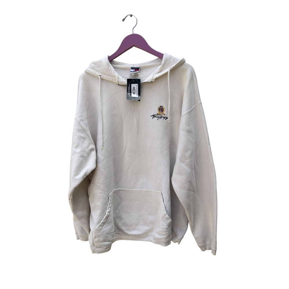 Vintage Tommy Hilfiger Quarter Zip Hoodie Cream Embroidered Crest Logo Mens L